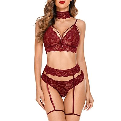 Burgundy Rose Lace Lingerie Set