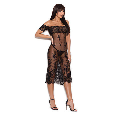 Midnight Bloom Off-Shoulder Lace Night Gown