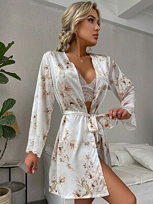 Elara Floral Satin Wrap Robe Set