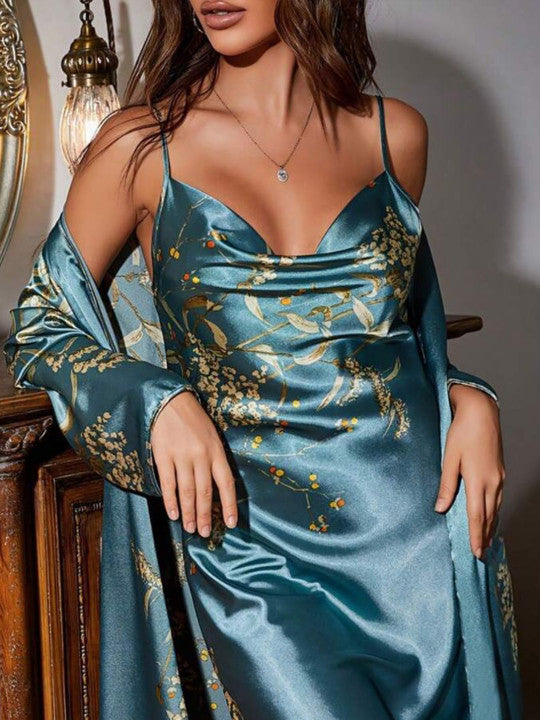 Aurelia Blue Satin Robe Set