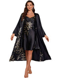 Noir Blossom Satin Robe Set