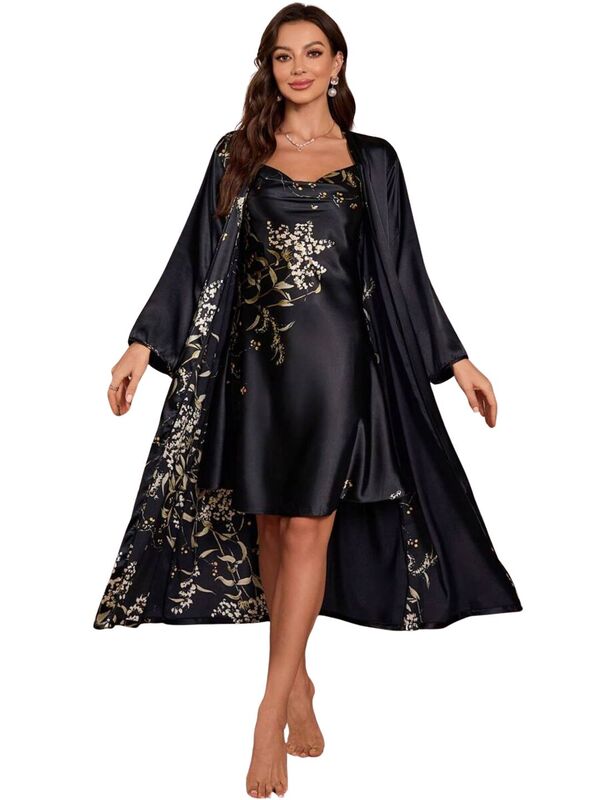 Noir Blossom Satin Robe Set
