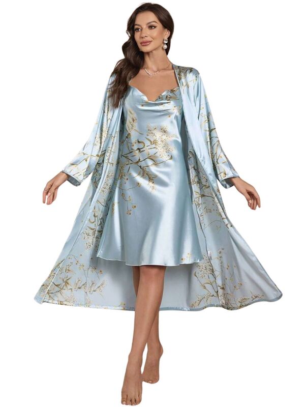 Celeste Floral Satin Nightgown & Robe