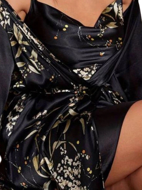 Noir Blossom Satin Robe Set