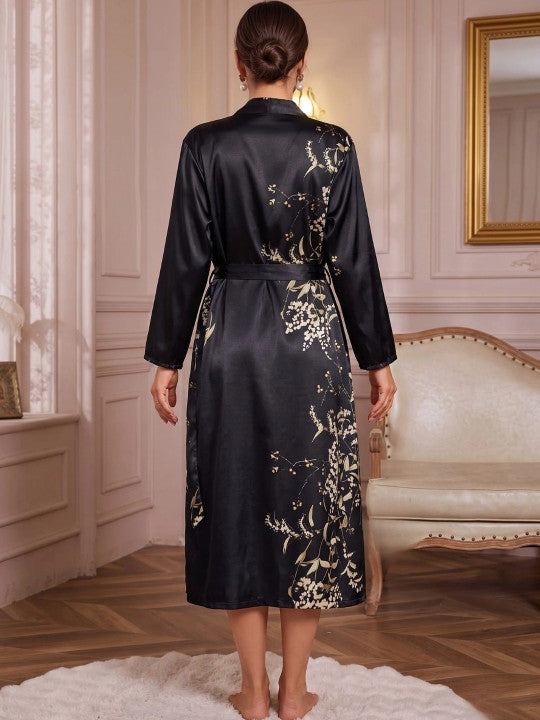 Noir Blossom Satin Robe Set